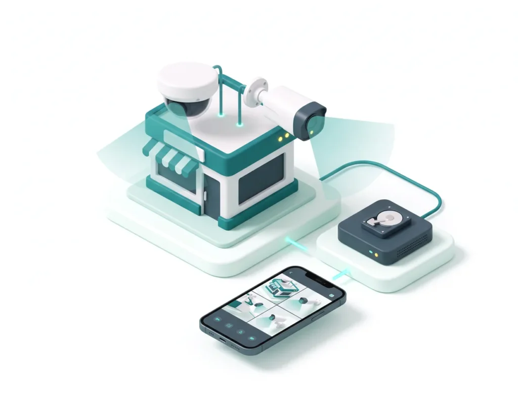 techly-kameres-asfaleias - techly.gr - techly.gr Isometric teal storefront with a robotic arm and a connected data hub linked to a smartphone, symbolizing IoT automation in retail.