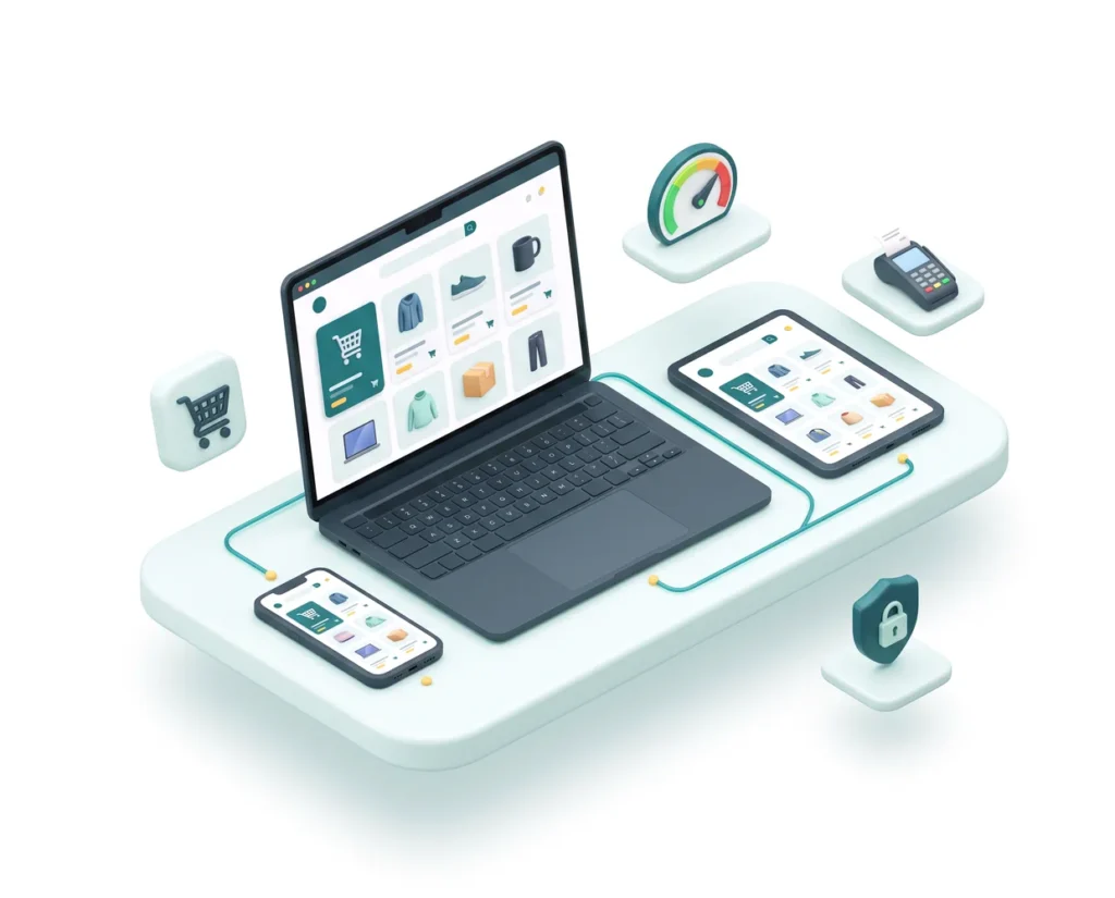 Isometric illustration of a laptop, tablet and smartphones displaying an online store interface on a shared platform, with a security icon nearby.