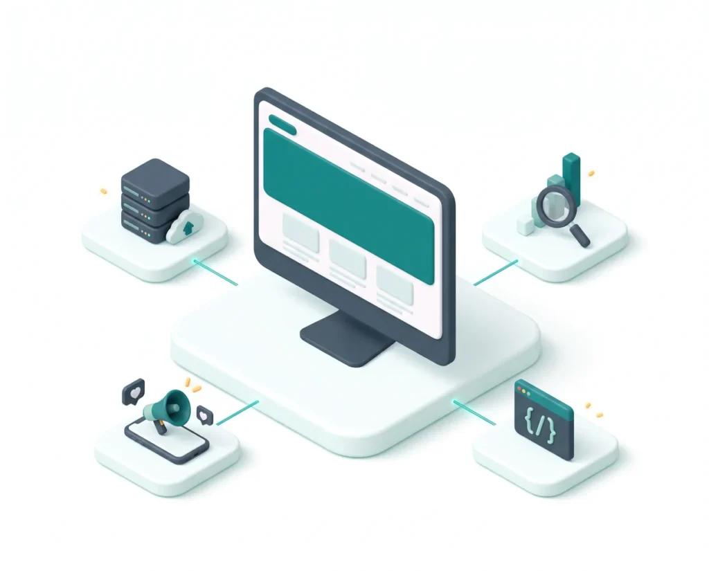 techly-web-design - techly.gr - techly.gr Isometric illustration of a computer monitor linked to servers, a magnifying glass over charts, a megaphone, and a code panel.