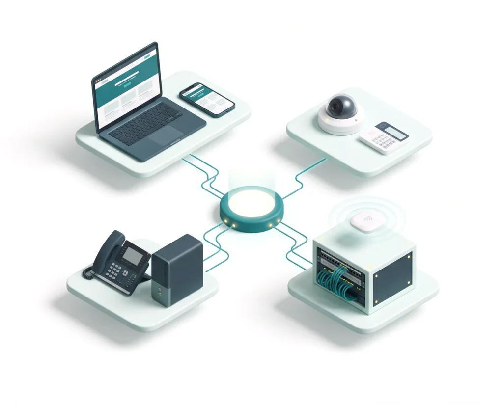 Isometric illustration of a central network hub connecting a laptop, phone, security camera, desk phone, desktop PC, and a switch/router setup.